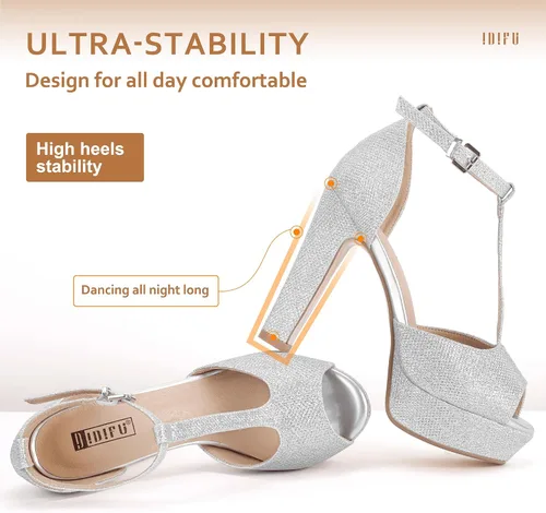 Vista 5 de IDIFU IN5 Polly - Sandalias de tacón alto grueso con correa en T para mujer, sandalias sexy con punta abierta, para boda, fiesta, graduación