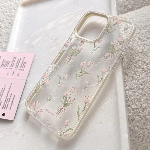 Vista 5 de Funda para iPhone 13, color blanco Funda para teléfono con diseño floral de tulipanes rosados para iPhone