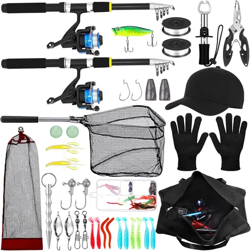 Vista 9 de Combo de caña de pescar telescópica y carrete de 2 piezas, kit de caña de pescar plegable con alicates para labios, señuelos, bolsa de transporte