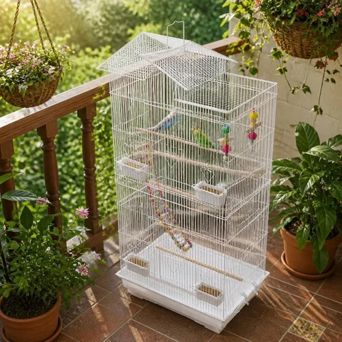 Vista 4 de OUTLANE Jaula grande para pájaros para mascotas, jaula colgante de metal Blanco