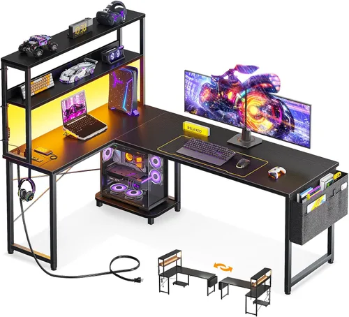 Vista 12 de ODK Escritorio en forma de L de 43 pulgadas con iluminación LED, escritorio reversible para juegos con tomas de corriente, mesa de computadora