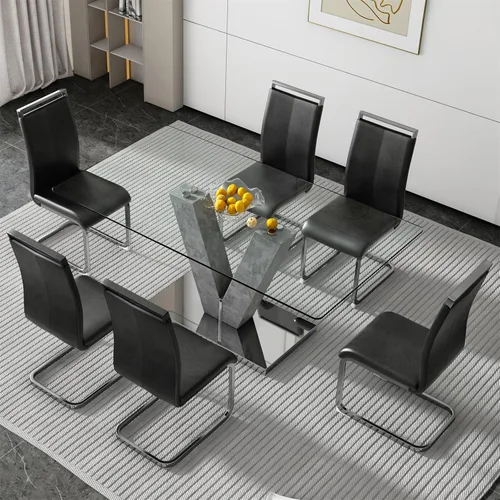 Vista 29 de Juego de mesa de comedor de cristal de 71 pulgadas para 4, juego de mesa de cocina moderno para 4, juego de mesa de comedor para el hogar