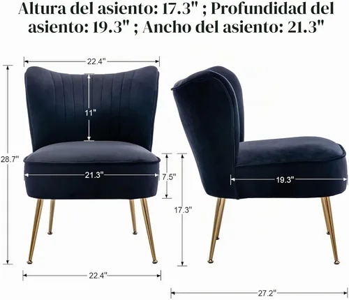 Vista 2 de DUOMAY Juego de 2 sillas decorativas modernas de terciopelo con patas doradas, silla lateral con respaldo alado para sala de estar, dormitorio Negro