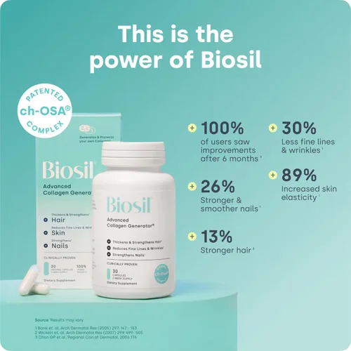 Vista 2 de Biosil Suplemento potenciador de colágeno - 30 cápsulas originales, paquete de 2 - Activador patentado ch-OSA para piel, cabello, uñas