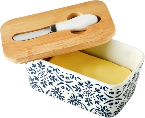 Vista 14 de Hasense Mantequillera de porcelana con tapa, cuchillo y sello para encimera Gran capacidad, anillo de silicona hermético, recipiente