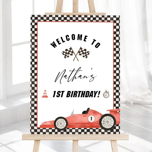 Vista 12 de Race Car Birthday Welcome Sign for Boys, Custom Racing Truck Theme Party Decoration, Personalized Red Sports Car Poster, Kid’s Age Banner for Race