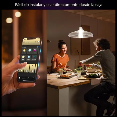 Vista 3 de Philips Hue - Bombilla LED inteligente A19, luz blanca cálida 2700K, base E26, 10.5W, 1100 lúmenes, regulable, funciona con Alexa, Asistente