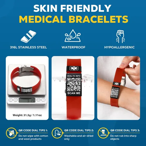 Vista 2 de Pulseras médicas para hombres y mujeres con código QR, pulseras de identificación de alerta médica, pulsera deportiva para niños y niñas, pulsera