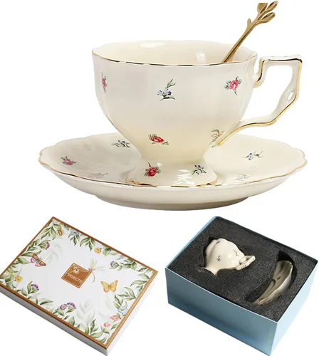 Vista 11 de Juego de taza de té y platillo de porcelana, taza de café de cerámica de 8.5 onzas líquidas con platillo y cuchara, taza de café vintage con ribete