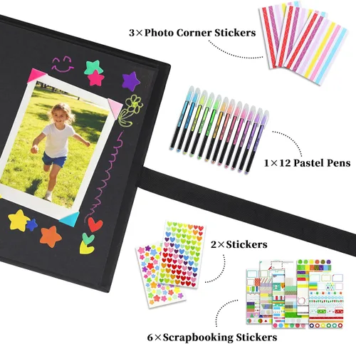 Vista 4 de Vienrose Álbum de recortes de 80 páginas, álbum de fotos de bricolaje con accesorios, libro de recuerdos de papel kraft negro para bodas