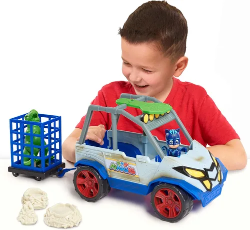 Vista 2 de PJ Masks Vehículo de rescate todoterreno Dino Trouble, incluye figuras de dinosaurios y catboy