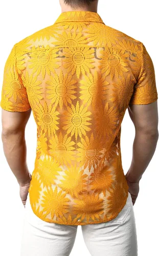 Vista 2 de JOGAL Camisa de encaje floral para hombre, camisas casuales con botones transparentes