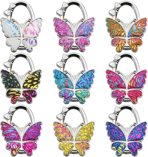 Vista 2 de Mariposa plegable - Gancho para colgar monedero, gancho portátil para colgar en la mesa para mujeres, organizador de bolsos, decoración de regalo