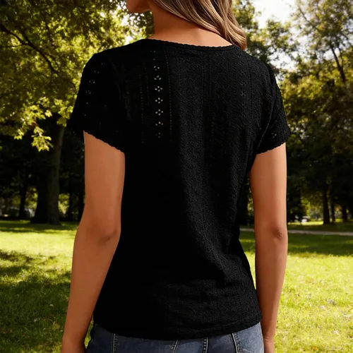 Vista 3 de Camiseta de manga corta con cuello redondo para mujer, blusa holgada con ojales, casual, holgada, para vacaciones, playa, lunares suizos