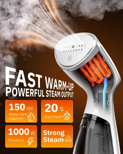 Vista 2 de OGHom Vaporizador para ropa, removedor de arrugas portátil de mano, vaporizador de tela de 1000 W, vapor penetrante fuerte, para el hogar, oficina