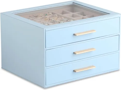 Vista 11 de Frebeauty Joyero para mujer, organizador de joyas con tapa transparente con 3 cajones Marrón Oscuro