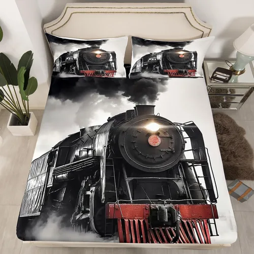Vista 2 de Erosebridal Juego de sábanas de tren de vapor, tamaño individual, 3D, retro, para vehículos de vías de ferrocarril, sábana bajera ajustable vintage