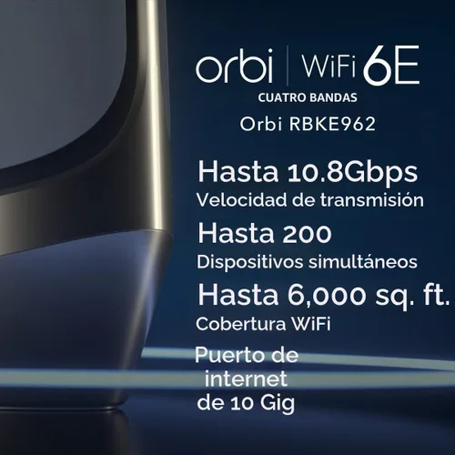 Vista 2 de NETGEAR Orbi Quad-Band WiFi 6E Mesh System (RBKE962), enrutador + 1 extensor de satélite, características de seguridad, velocidad de hasta 10.8