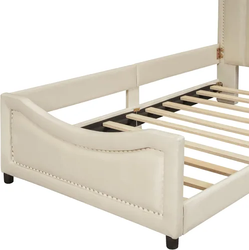 Vista 6 de VilroCaz Sofá cama de terciopelo tamaño individual con cabecero clásico en forma de rayas, plataforma tapizada, marco de cama de capitán