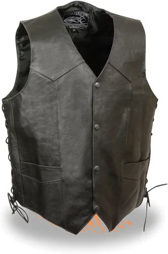 Vista 3 de Chaleco de cuero para hombre con cabeza de águila y estrellas en relieve con encaje lateral marrón y negro