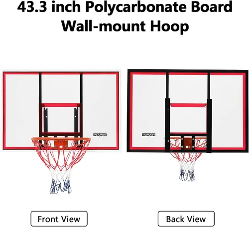 Vista 3 de PEXMOR Kit combinado de aro y portería de baloncesto para montaje en pared, tablero de policarbonato inastillable, marco de acero inoxidable