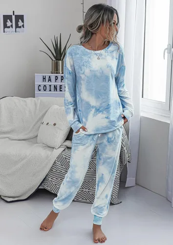 Vista 42 de Prettygarden - Conjunto de pijama de dos piezas para mujer, diseño de teñido anudado, sudadera informal de manga larga con pantalones largos, ropa
