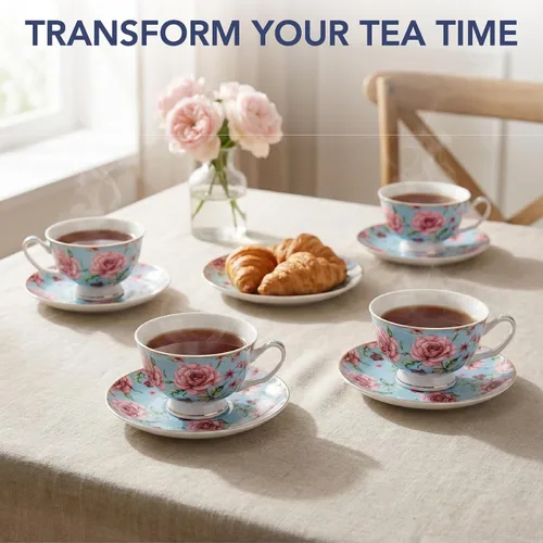 Vista 5 de BTaT- Tazas de té y platillos, diseño floral, juegos de tazas de té de porcelana, aptos para lavavajillas, juego de 4, 8 onzas
