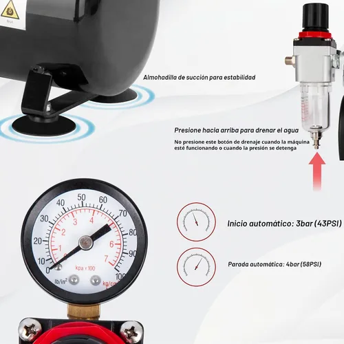 Vista 4 de Timbertech Compresor de aerógrafo, mini compresor AS186 sin aceite de un solo pistón de alto rendimiento con tanque de 3L, regulador, trampa