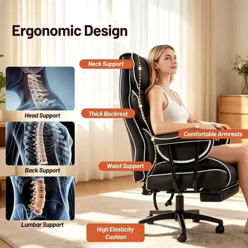 Vista 4 de Silla de oficina ejecutiva reclinable grande y alta, cuero Negro