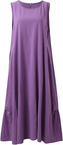 Vista 3 de Vestido largo sin mangas de lino y algodón para mujer, casual, de color liso, con marco A