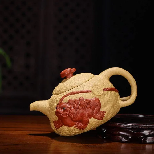 Vista 8 de Tetera china Zisha arcilla tetera cerámica hecha a mano Gongchun Lucky Money Toad Tea Pot Amarillo Dorado Duan Barro Kungfu Hervidor