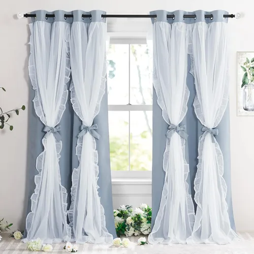 Vista 27 de PONY DANCE Cortinas con Volantes de Doble Capa con Superposición Transparente, Decoración Elegante para Ventanas de Diseño Rústico Francés de Campo