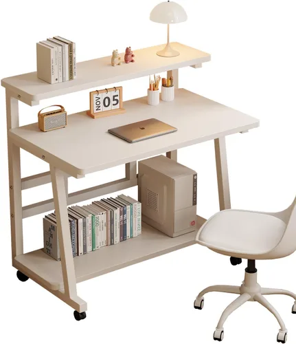 Vista 11 de Escritorio compacto de 31.5 pulgadas para computadora con mesa de trabajo de niveles y ruedas con bloqueo, escritorio pequeño para dormitorio