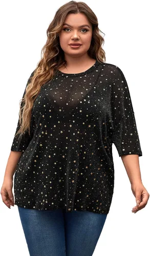 Vista 5 de MakeMeChic Camiseta de manga corta de malla transparente con purpurina para mujer, talla grande