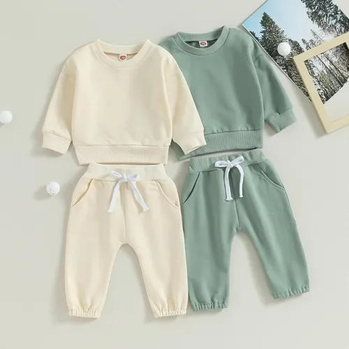 Vista 2 de Conjunto de 2 piezas de ropa de otoño unisex para bebé, color liso, sudadera de manga larga, pantalones con cordón