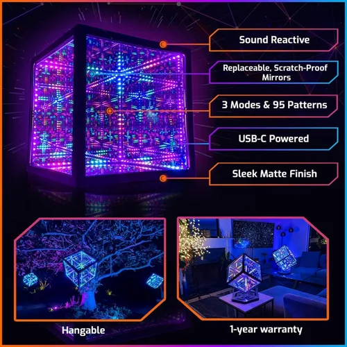 Vista 2 de La Compañía de Iluminación Hyperspace HyperCube Infinity Cube LED Light - Lámpara de Escritorio de Mesa Reactiva al Sonido de 10 Pulgadas - Lámpara