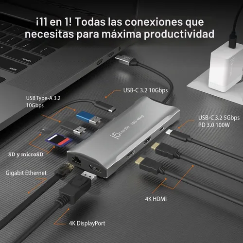Vista 2 de j5create Concentrador de pantalla triple USB C 4K - HDMI 4K x2, 4K DP, 2
