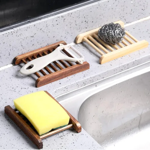 Vista 6 de Potchen Jabonera de bambú de madera artesanal para ducha, rectangular, bañera, ducha, plato de ducha, accesorios para el hogar, baño, esponjas
