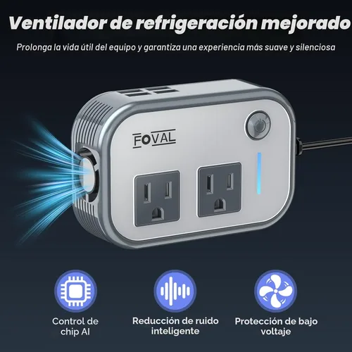 Vista 6 de Inversor de potencia de coche de 200 W, FOVAL, 12 V CC a 110 V CA, inversor de coche con 4 puertos USB, adaptador de toma de corriente para coche