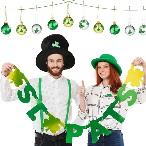 Vista 7 de Teling 36 piezas de decoración del día de San Patricio adorno colgante para árbol trébol bola colgante bola de plástico verde adorno trébol sombrero