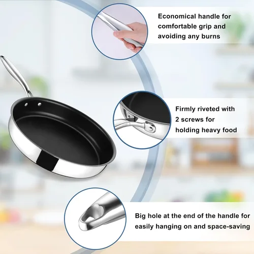 Vista 3 de TeamFar - Sartén antiadherente de acero inoxidable de 3 capas de 10 pulgadas Egg Omelet Pan with Long Handle, for Induction Gas Glass Ceramic
