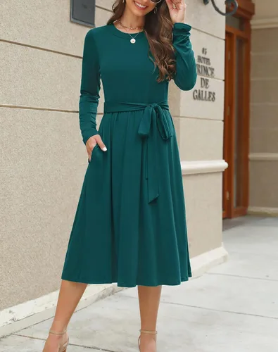 Vista 3 de Zattcas vestido de verano para mujer, acanalado, de manga corta y bolsillos, recatado, con largo por debajo de la rodilla, estilo informal, conjunto