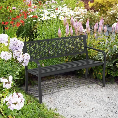 Vista 7 de VINGLI Banco de metal para exteriores de 50 pulgadas con respaldo floral, banco de jardín delantero para patio, entrada, parque exterior, capacidad
