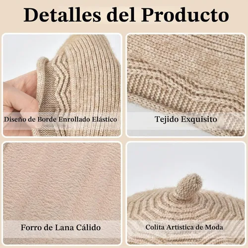 Vista 4 de Sombrero boina para mujer, estilo francés, forro de lana cálido, boina de invierno, moda, gorro tejido de punto Beige
