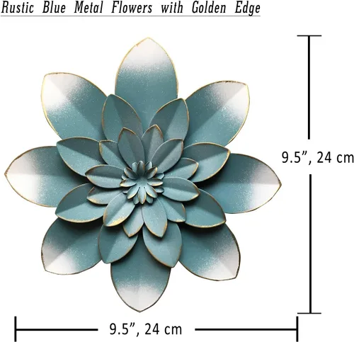 Vista 3 de Decoración artística de pared de flores de metal azul, escultura floral rústica moderna de 9.5 pulgadas, decoración desgastada para colgar