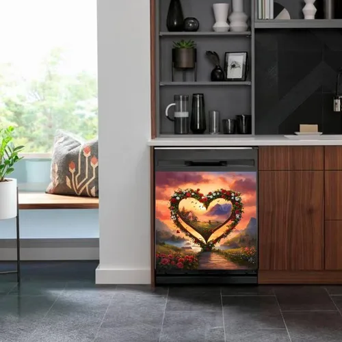 Vista 4 de Calcomanía magnética de vinilo para lavavajillas, diseño de paisaje de montaña, corona de flores, corazón, para decoración festiva de cocina, 23