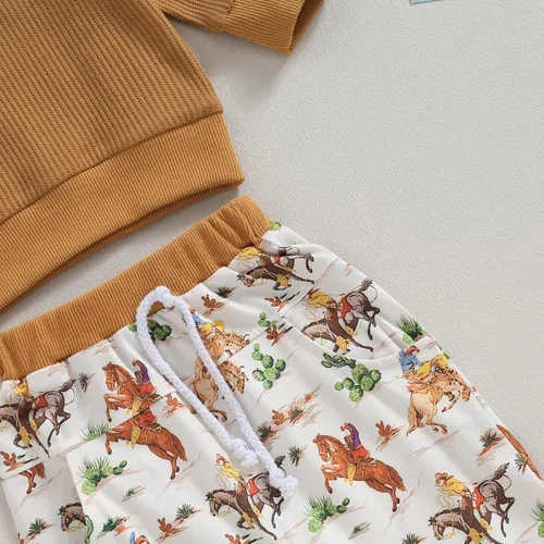 Vista 5 de Molioaky Ropa occidental para bebé recién nacido, sudadera con estampado de vaca, sudadera y pantalones deportivos, conjunto de ropa para otoño e