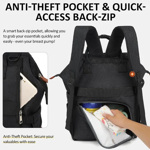 Vista 2 de Mochila para pañales para bebé, niña, niño, viaje, diseño unisex con funda para chupete, bolsillo para robo, cambiador, Negro -, Mochilas de viaje