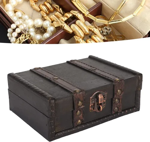 Vista 6 de Cofre de madera con cerradura Pequeña caja de almacenamiento decorativa de la vendimia