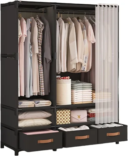 Vista 13 de Armario portátil para colgar ropa, armario de estilo japonés, perchero con 1 varillas para colgar, 2 estantes de almacenamiento, 27.5 pulgadas